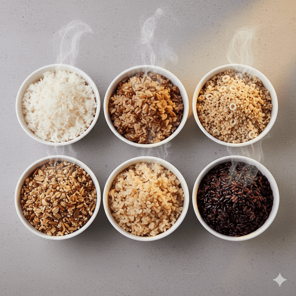 六種米飯（白米、糙米、藜麥、胚芽米、五穀米、紫米）的極簡俯視排列比較圖，展現其多樣性。