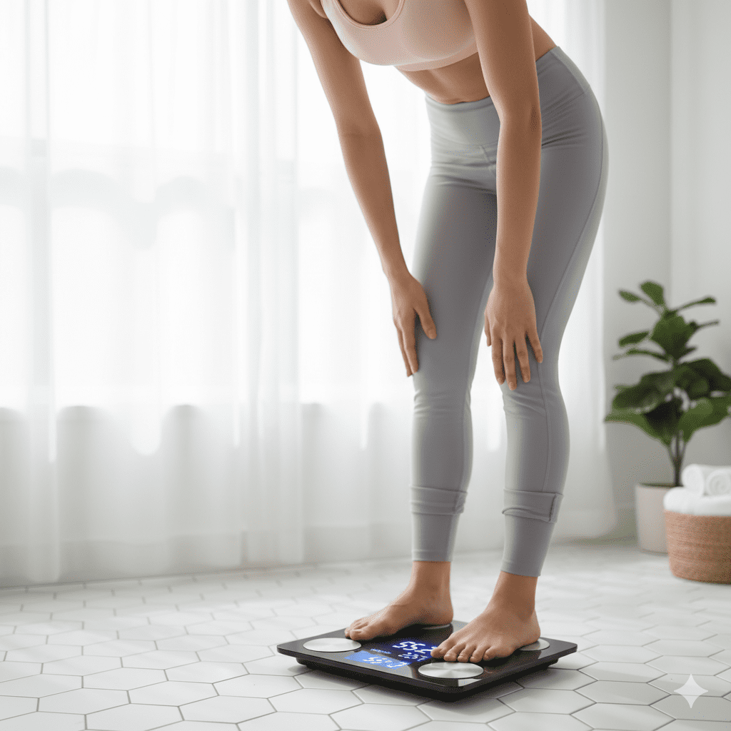 女性正在使用BIA電子體脂秤