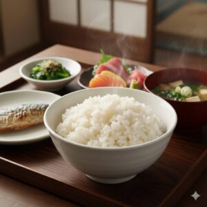 一份擺盤精緻、色彩協調的日式定食全景，重點特寫於一碗晶瑩剔透、看起來極度美味的白米飯。