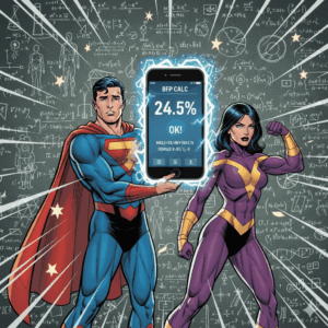 一張漫畫風格的插畫，顯示兩位超級英雄站在一個充滿科學公式的黑板前。男性超級英雄困惑地看著一個顯示『BFP CALC: 24.5% OK!』的智慧型手機，而女性超級英雄則自信地彎曲手臂。