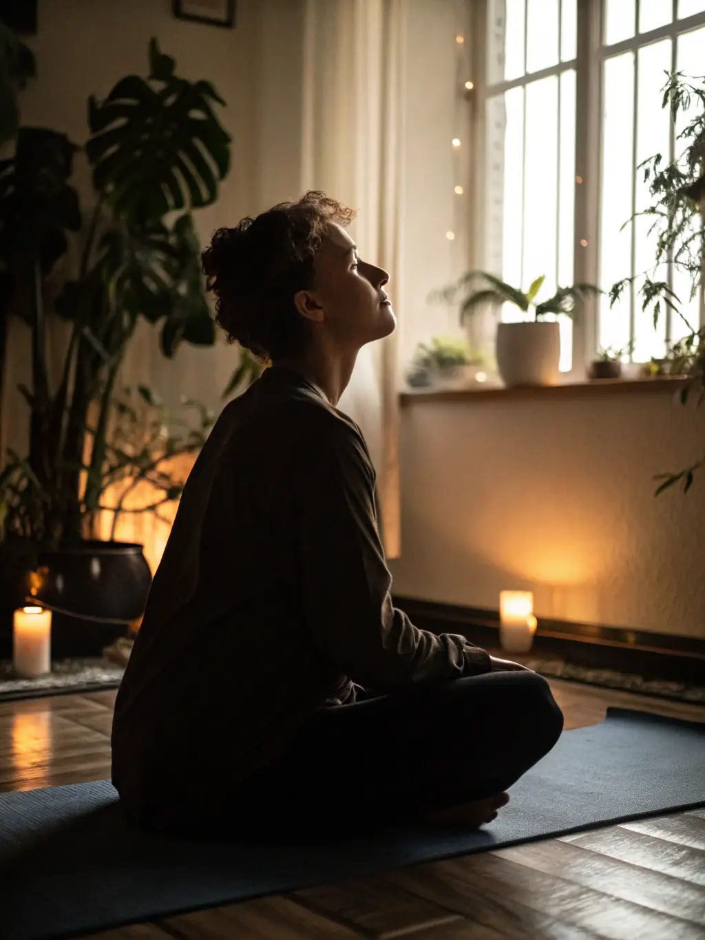 A woman meditating in a serene environment, with soft, diffused lighting, symbolizing the importance of mindfulness and stress reduction in achieving overall health and beauty.