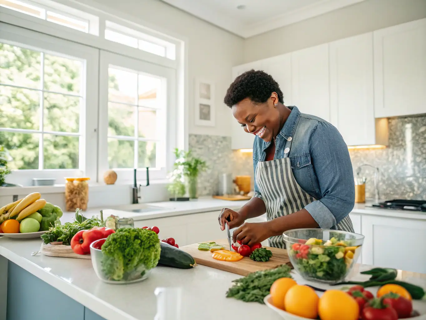 A serene image representing the Nourishing System, depicting a woman preparing a healthy meal with fresh, natural ingredients, emphasizing the connection between nutrition and beauty.