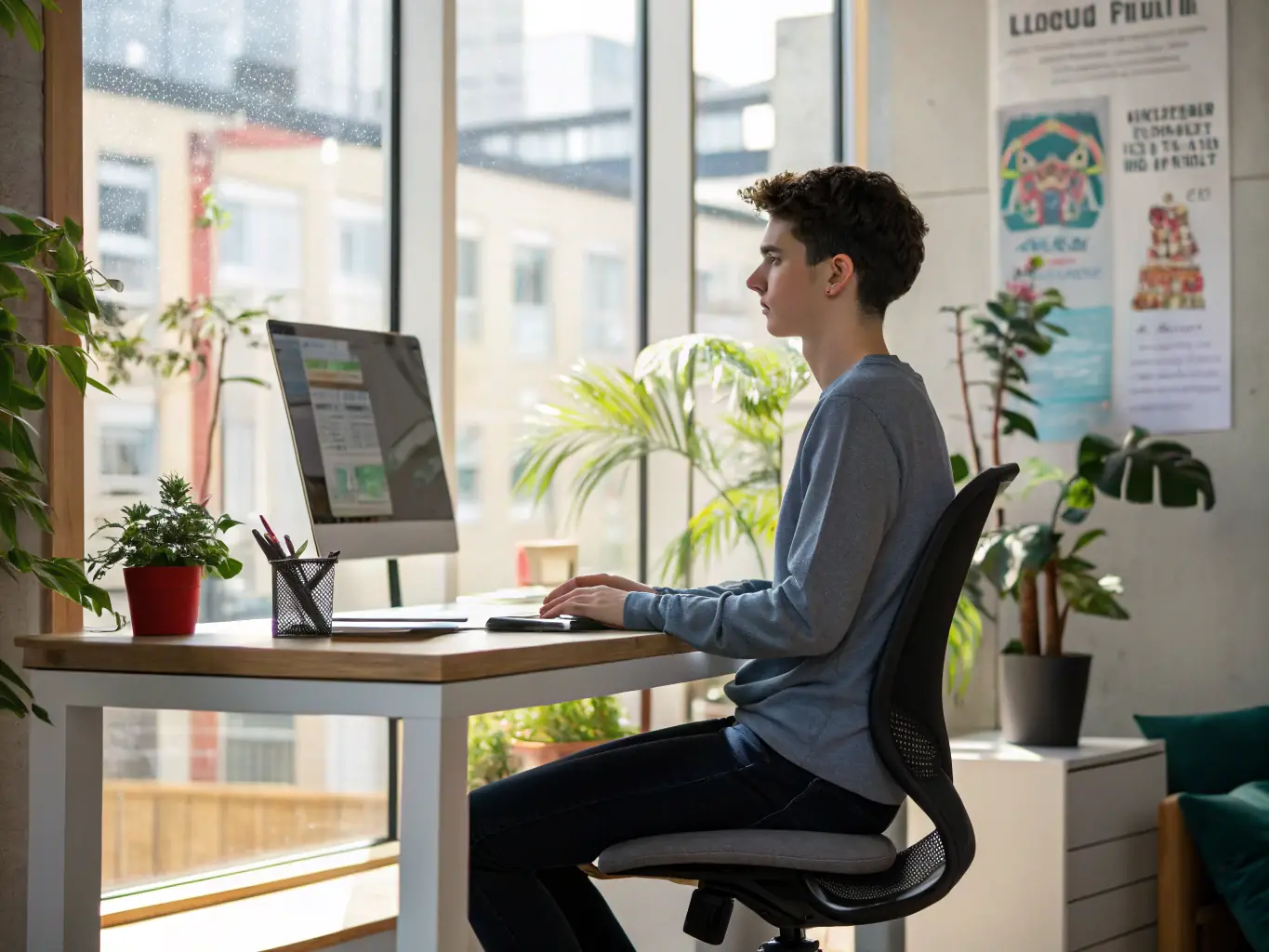 A person using aLOVIN 婭薇恩's biomechanical posture corrector, highlighting its ergonomic design and the user's improved posture.