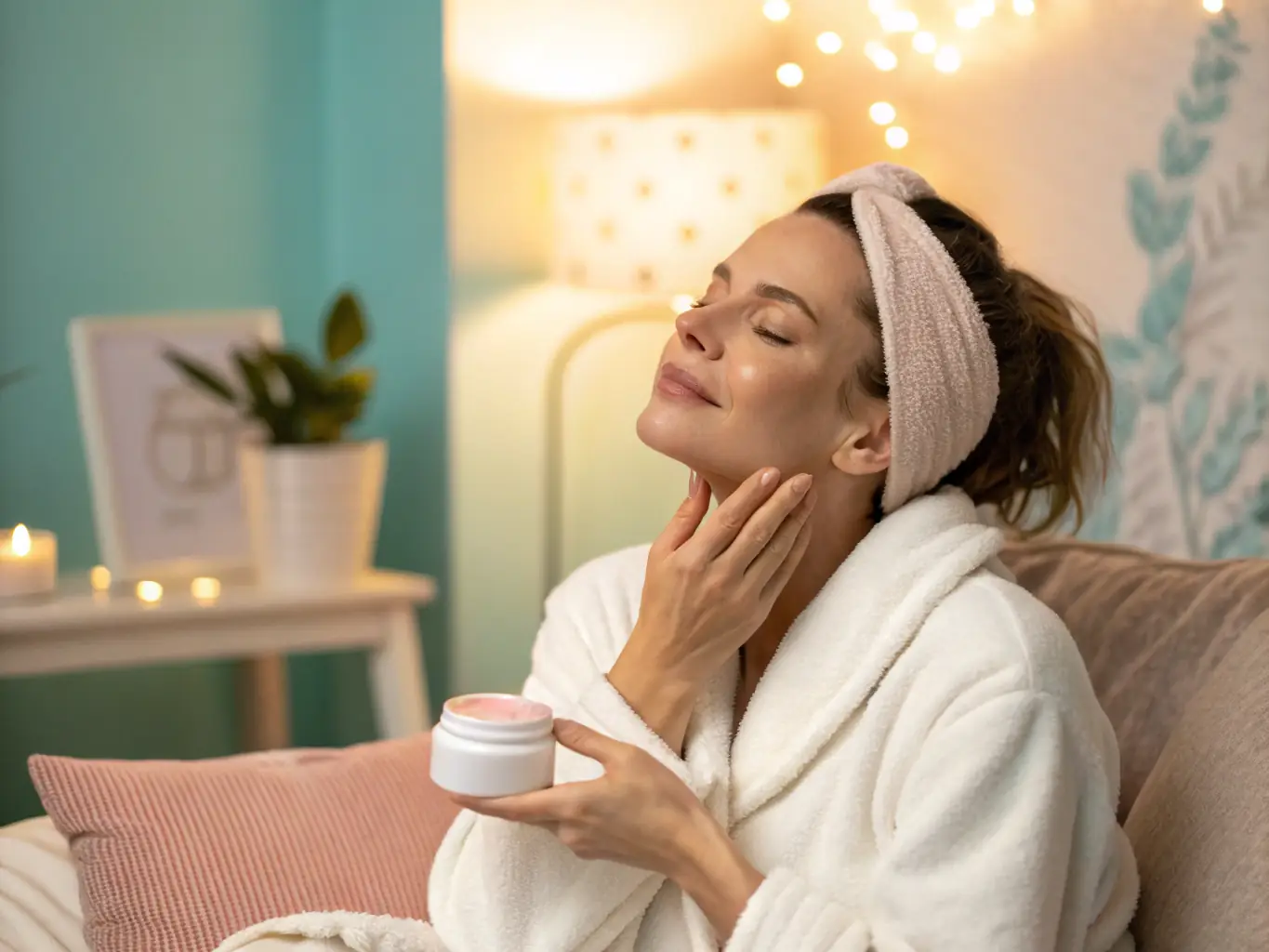 A lifestyle shot featuring a woman using aLOVIN 婭薇恩 products as part of her daily routine, highlighting the integration of science and beauty.