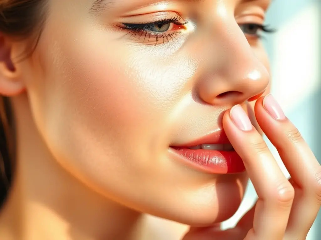 A woman applying aLOVIN 婭薇恩 facial serum to her face, with a focus on the product's texture and the woman's radiant skin.