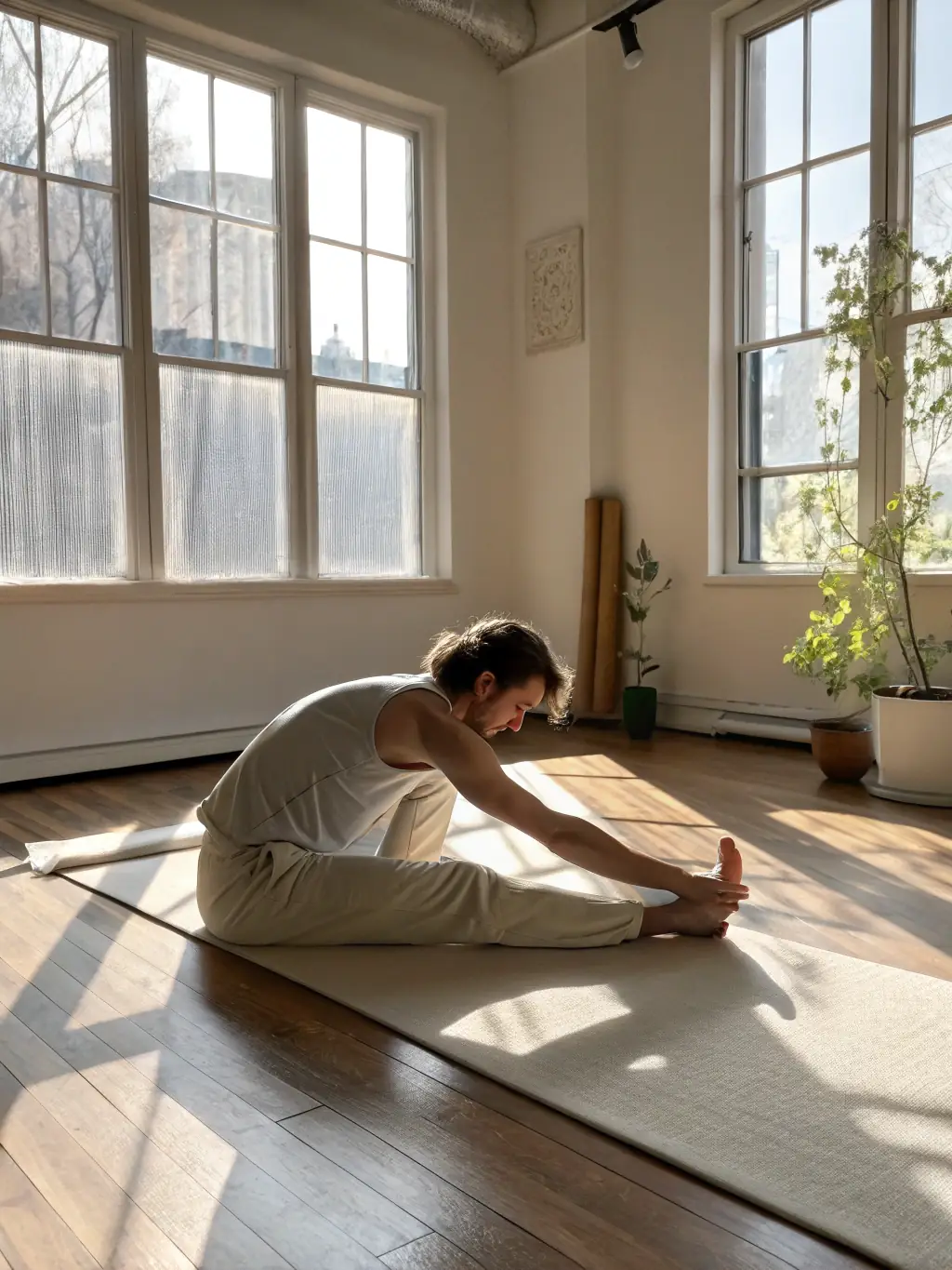 A woman performing a gentle stretching exercise, focusing on core engagement, with soft, natural lighting to emphasize the kinetic system's focus on movement and posture.